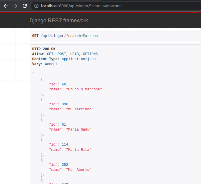 Exemplo de chamada para a API com ?search=Marrone e mostrando os resultados filtrados e ordenados de modo correto
